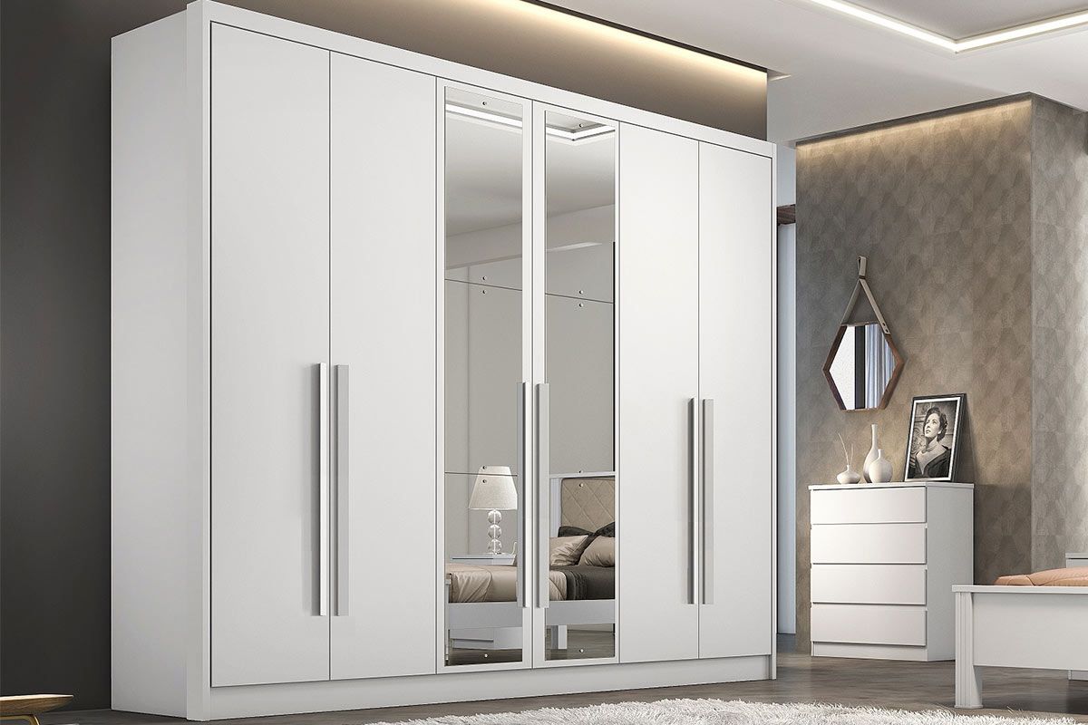 Guarda Roupa Casal 6 Portas c/Espelho 4Gavs Robust/Livorno Plus Neve N. Horizonte