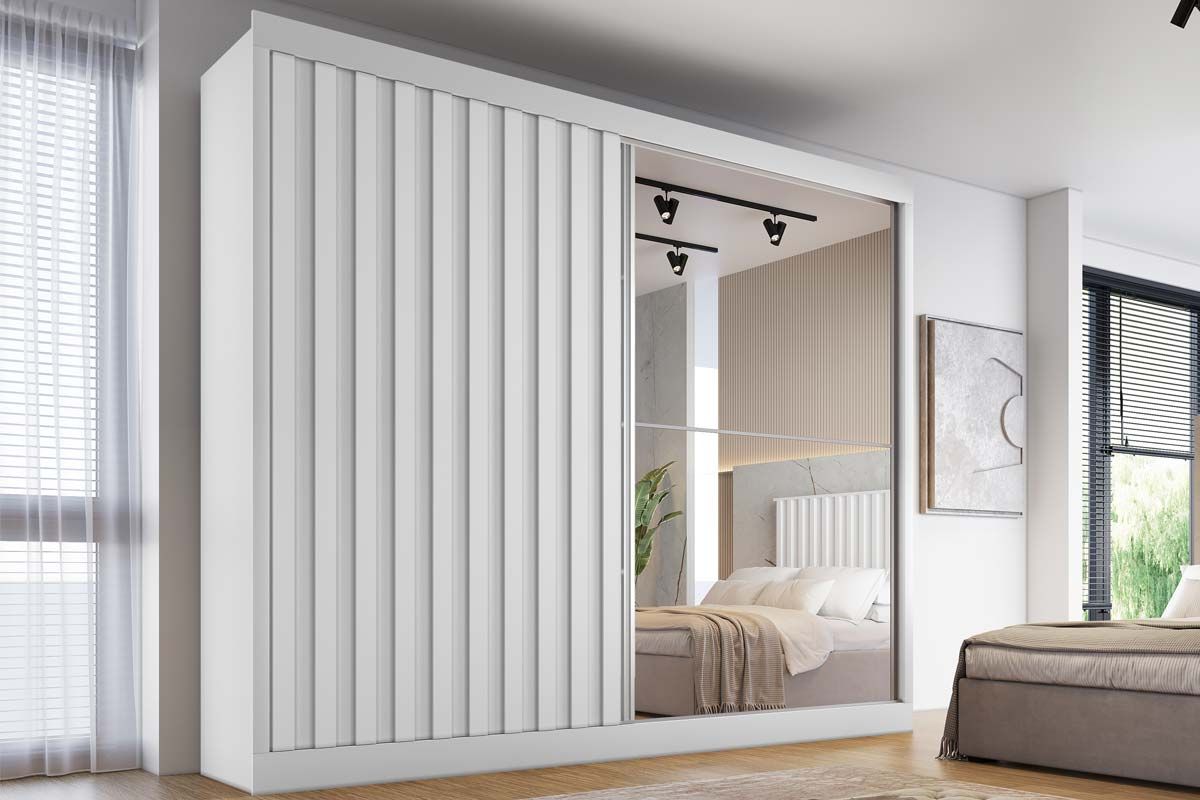 Guarda Roupa Casal 2 Portas de Correr (1 Ripada e 1 c/Espelho) e 4 Gavetas Atlanta Europa