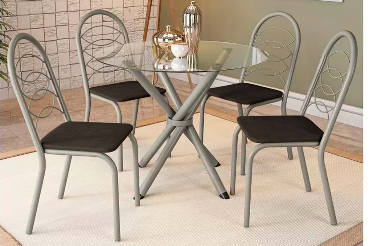 Sala Jantar Mesa Volga c/ Tampo de Vidro 95cm e 4 Cadeiras Holanda - Kappesberg