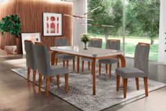 Sala Jantar Mesa Londrina Tampo MDF/Vidro Canto Curvo 180cm + 6Cadeiras Amsterdã - Rufato
