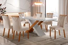 Sala de Jantar Completa Imperatriz Tampo Madeirado c/ Vidro Curvo 180x90 e 6 Cadeiras Amsterdã - Rufato