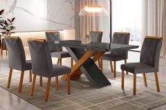 Sala Jantar Mesa Imperatriz Tampo MDF/Vidro Canto Curvo 180cm + 6Cadeiras Amsterdã - Rufato