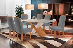 Sala de Jantar Completa Imperatriz Tampo Madeirado c/ Vidro Curvo 180x90 e 6 Cadeiras Melissa - Rufato