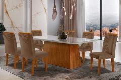 Sala de Jantar Completa Luna Tampo Madeirado c/ Vidro Curvo 180x90 e 6 Cadeiras Amsterdã - Rufato