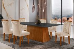 Sala de Jantar Completa Luna Tampo Madeirado c/ Vidro Curvo 180x90 e 6 Cadeiras Amsterdã - Rufato