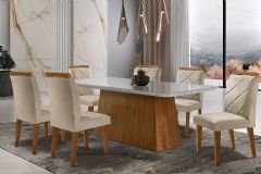 Sala de Jantar Completa Luna Tampo Madeirado c/ Vidro Curvo 180x90 e 6 Cadeiras Melissa - Rufato
