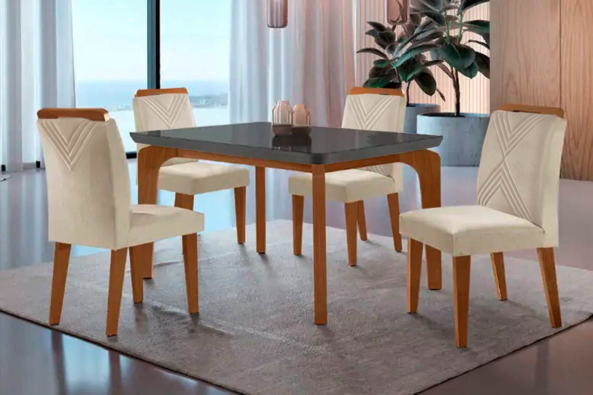Sala Jantar Mesa Londrina Tampo Madeirado c/ Vidro Curvo 120x80 e 4 Cadeiras Amsterdã - Rufato
