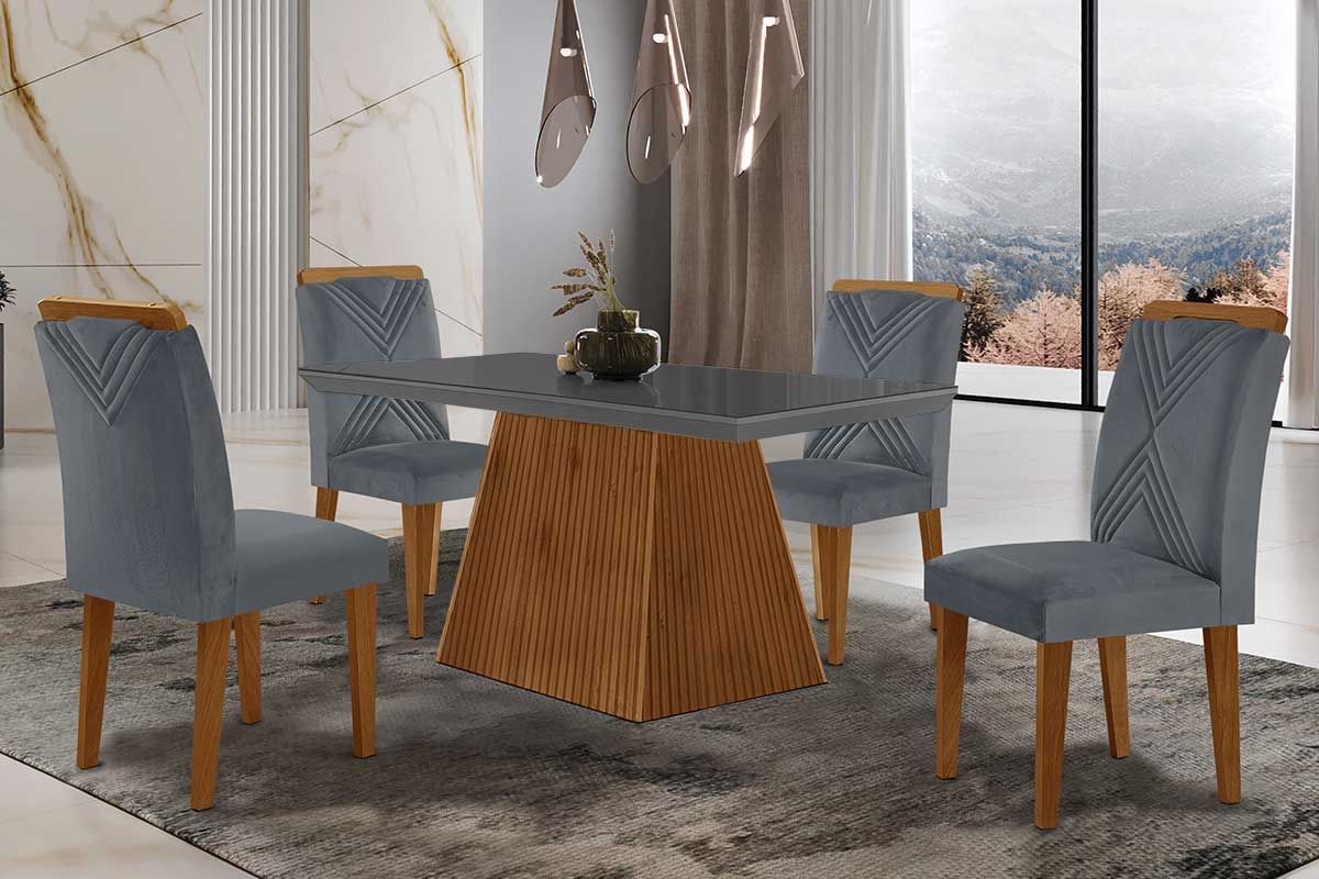 Sala de Jantar Completa Luna Tampo Madeirado c/ Vidro Curvo 120x80 e 4 Cadeiras Amsterdã - Rufato