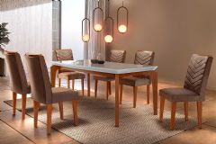 Sala Jantar Mesa Londrina Tampo Madeirado c/ Vidro Curvo 180x90 e 6 Cadeiras Londrina - Rufato