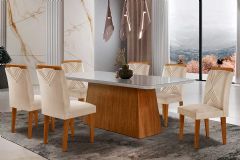 Sala de Jantar Completa Luna Tampo Madeirado c/ Vidro Canto Curvo 180x90 e 6 Cadeiras Amsterdã - Rufato