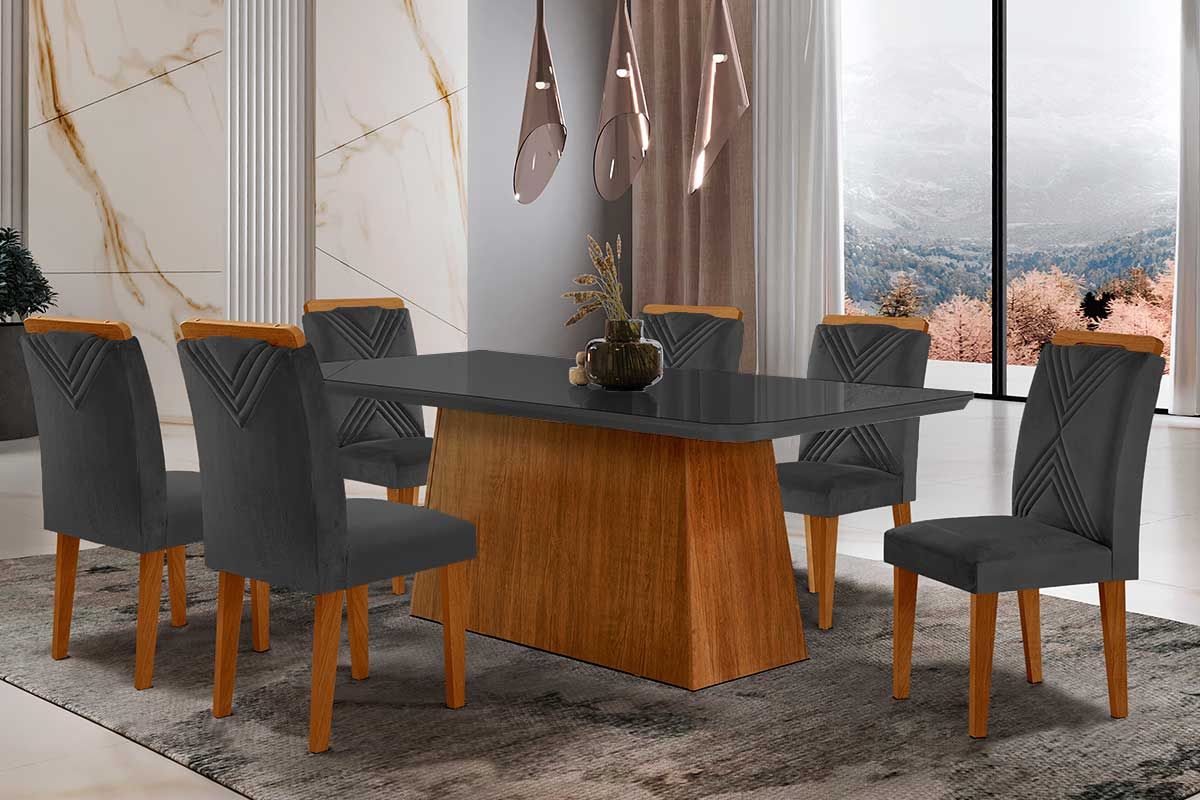 Sala de Jantar Completa Luna Tampo Madeirado c/ Vidro Canto Curvo 180x90 e 6 Cadeiras Amsterdã - Rufato