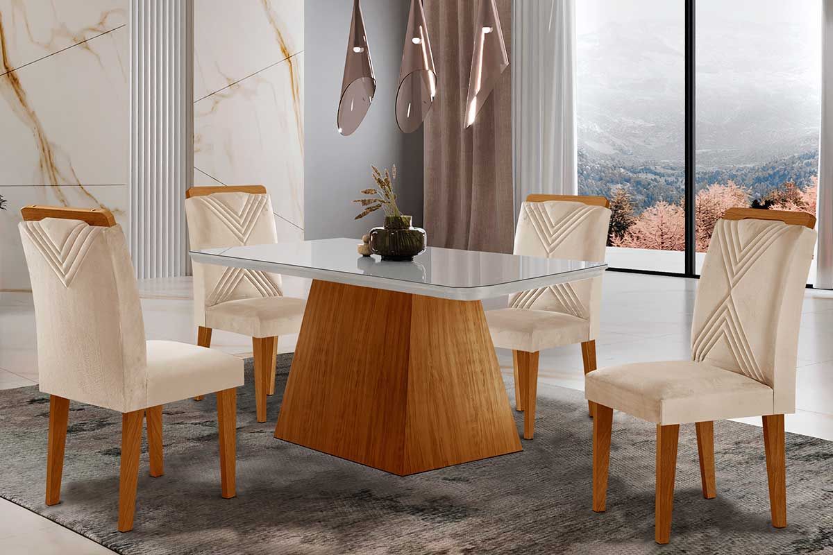 Sala de Jantar Completa Luna Tampo Madeirado c/ Vidro Canto Curvo 120x80 e 4 Cadeiras Amsterdã - Rufato
