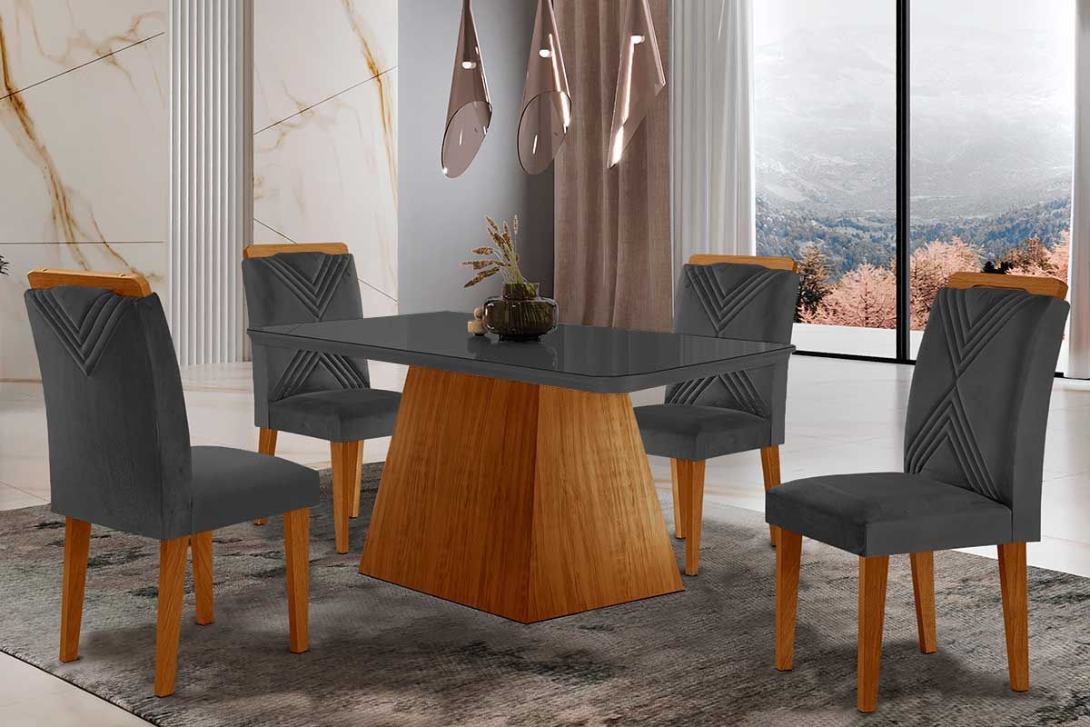 Sala de Jantar Completa Luna Tampo Madeirado c/ Vidro Canto Curvo 120x80 e 4 Cadeiras Amsterdã - Rufato
