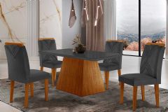 Sala de Jantar Completa Luna Tampo Madeirado c/ Vidro Canto Curvo 120x80 e 4 Cadeiras Amsterdã - Rufato