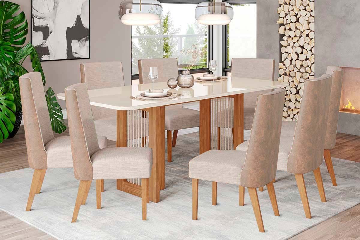 Sala de Jantar Completa Yara SC77 Tampo Madeirado c/ Vidro Canto Curvo 200x90cm e 8 Cadeiras Anne - Henn