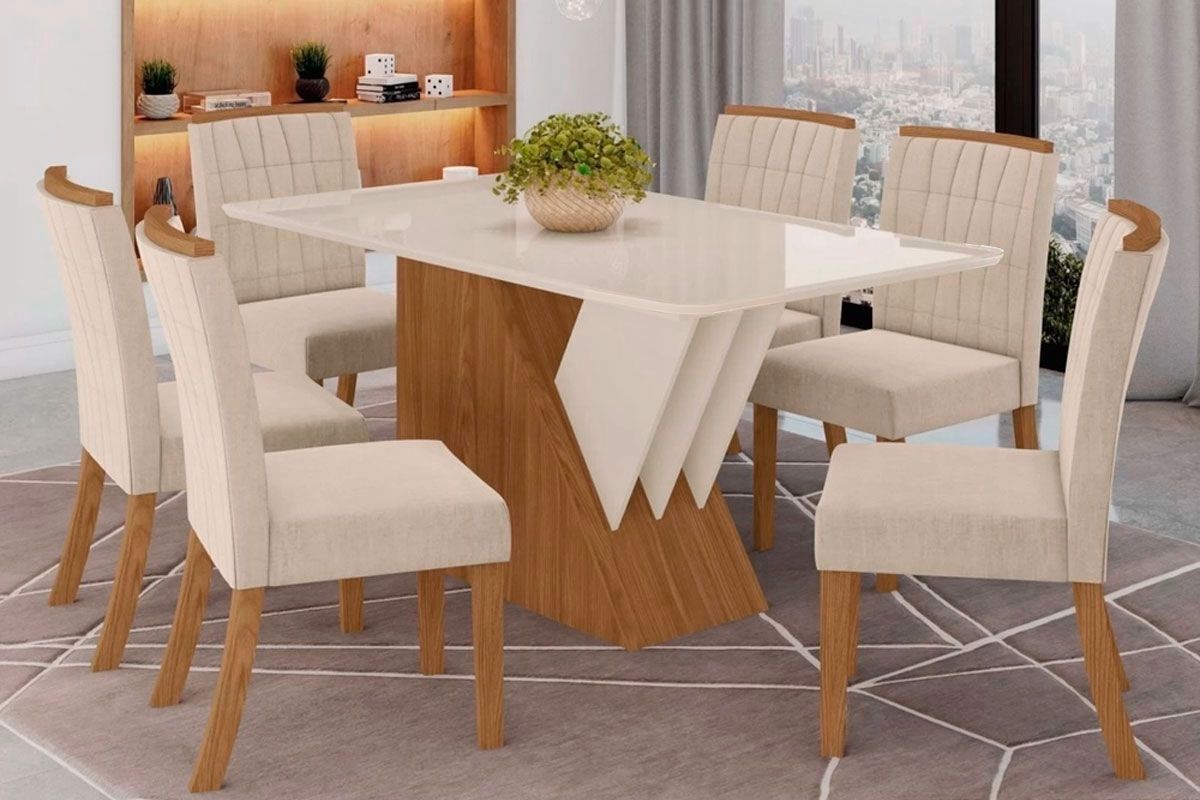 Sala de Jantar Completa Épic SC24 Tampo Madeirado c/ Vidro Canto Curvo 160x90cm e 6 Cadeiras Tauá - Henn