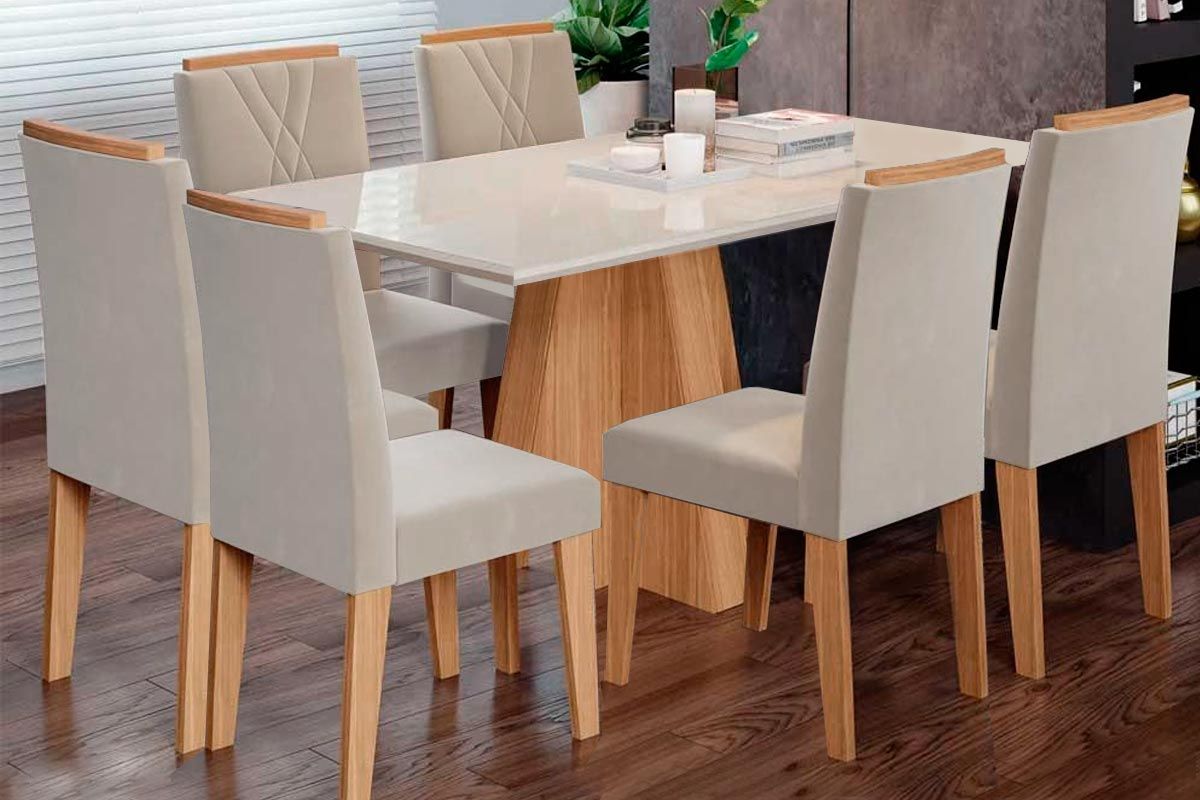 Sala Jantar Mesa Patricia c/ Tampo Madeirado c/ Vidro Canto Reto 160x80cm e 6 Cadeiras Nicole - Cimol
