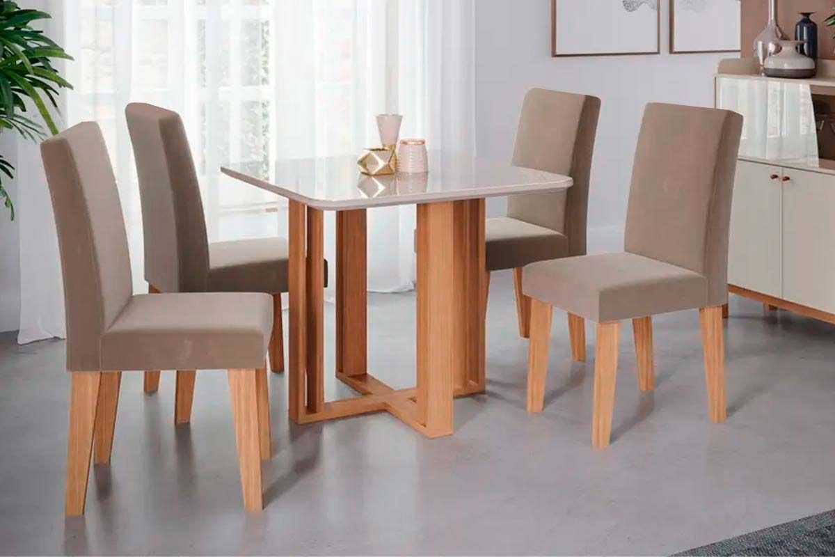 Sala Jantar Mesa Flora c/ Tampo Madeirado c/ Vidro 95x95cm e 4 Cadeiras Milena - Cimol