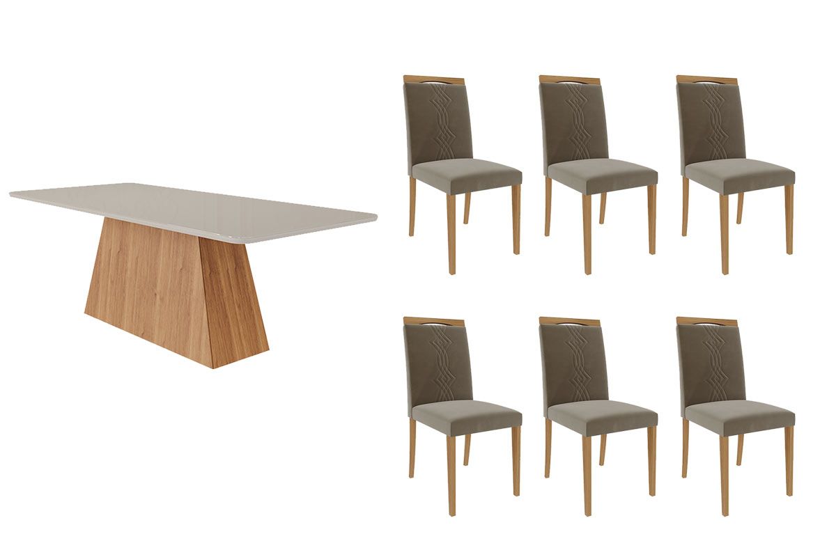 Sala Jantar Mesa Helena c/ Tampo Madeirado c/ Vidro 210x100 cm e 6 Cadeiras Laura - Cimol