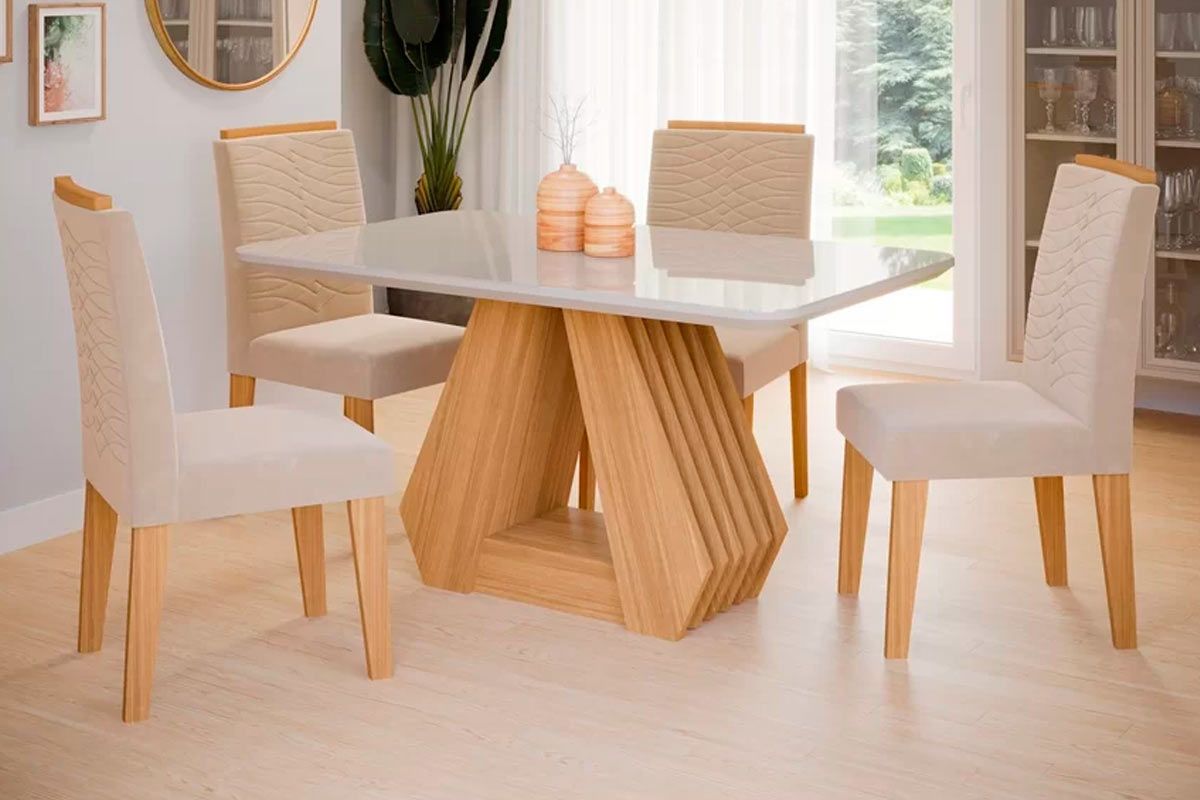 Sala Jantar Mesa Ágata c/ Tampo Madeirado c/ Vidro 130x80cm e 4 Cadeiras Clarice - Cimol