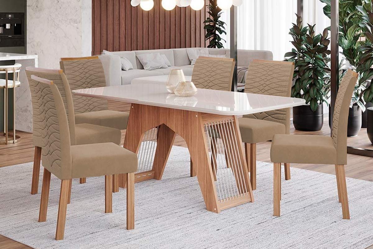 Sala Jantar Mesa Carol Tampo Madeirado c/ Vidro 180x90cm e 6 Cadeiras Clarice - Cimol