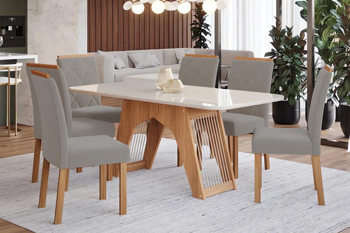 Sala Jantar Mesa Carol Tampo Madeirado c/ Vidro 180x90cm e 6 Cadeiras Fernanda - Cimol