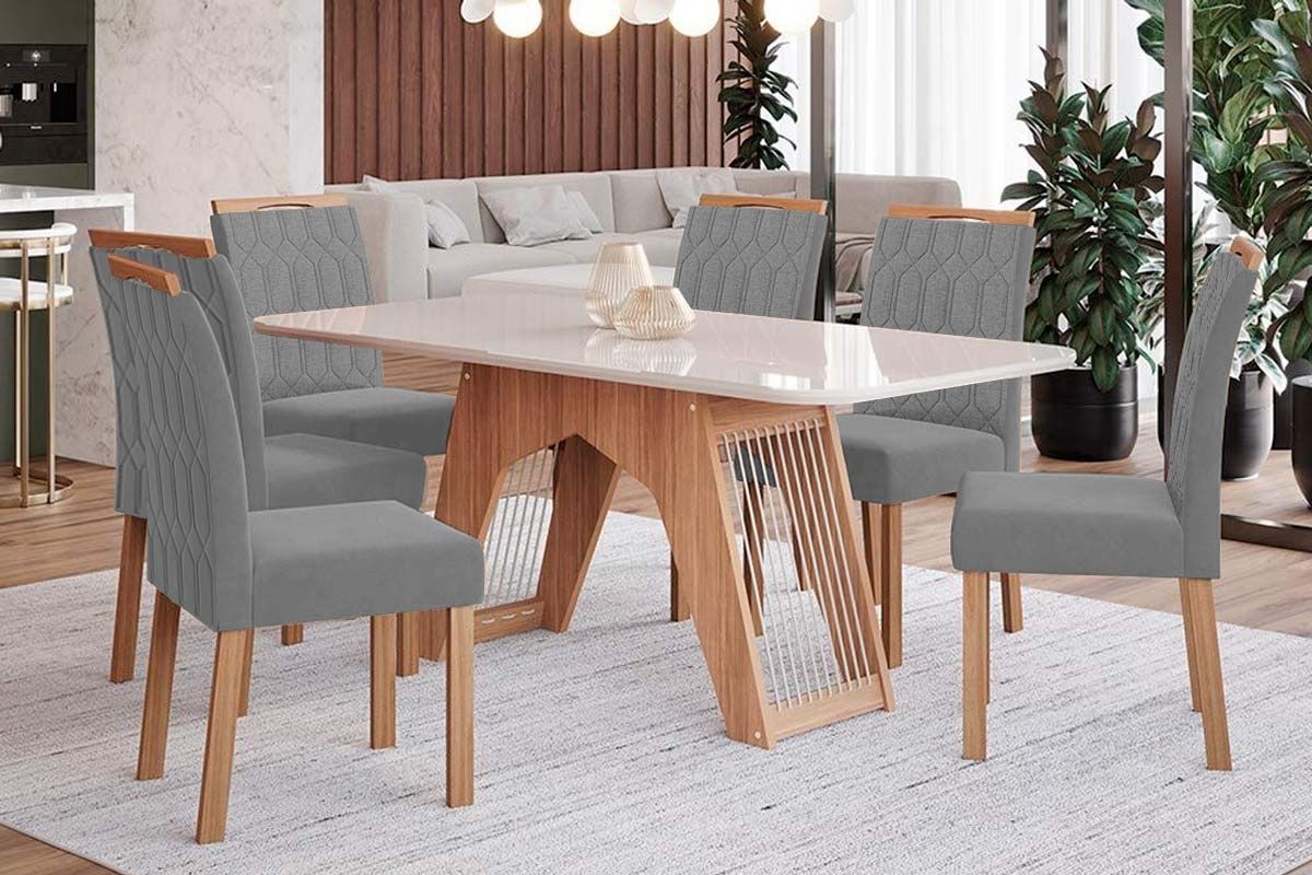 Sala Jantar Mesa Carol Tampo Madeirado c/ Vidro 180x90cm e 6 Cadeiras Paola - Cimol