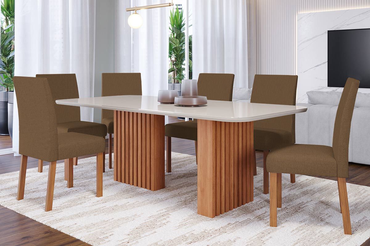 Sala Jantar Mesa Ester c/ Tampo Madeirado c/ Vidro 180x90cm e 6 Cadeiras Maia - Cimol