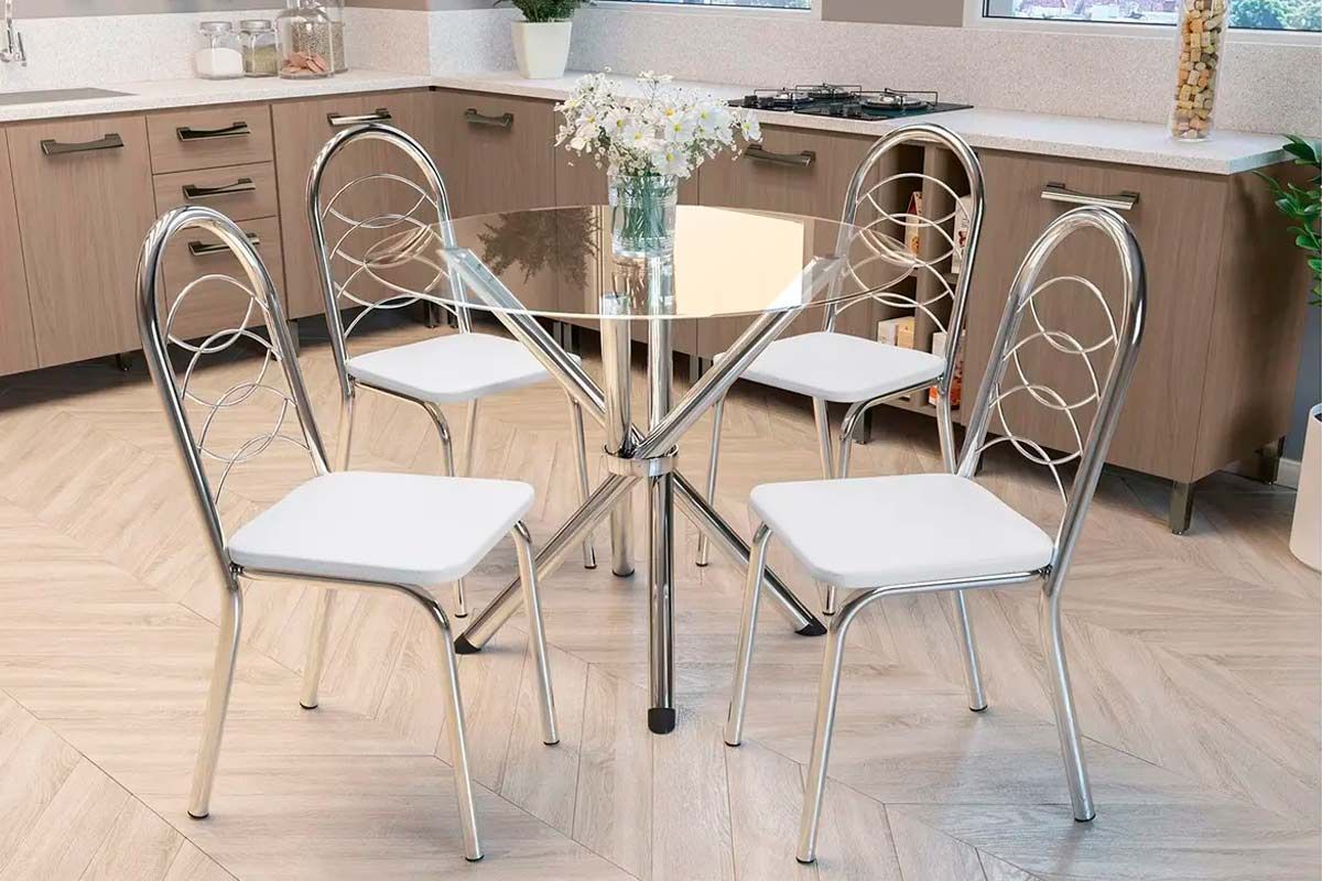 Sala Jantar Mesa Volga c/ Tampo de Vidro 95cm e 4 Cadeiras Holanda - Kappesberg
