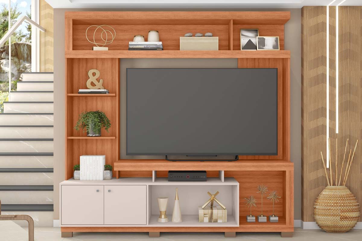 Home p/ TV até 70 Pol Formosa c/Nicho e Pés 210x207cm Lamina Mel/Cacao Caemmun