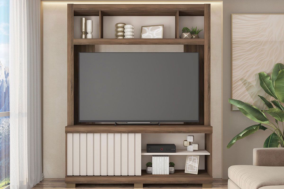 Home p/ TV até 65 Pol Cinne c/Ripado Pés 160x203cm Lamina Mel/Cacao Caemmun