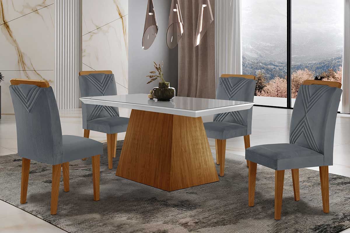 Sala de Jantar Completa Luna Tampo Madeirado c/ Vidro Reto 120x80 e 4 Cadeiras Amsterdã - Rufato