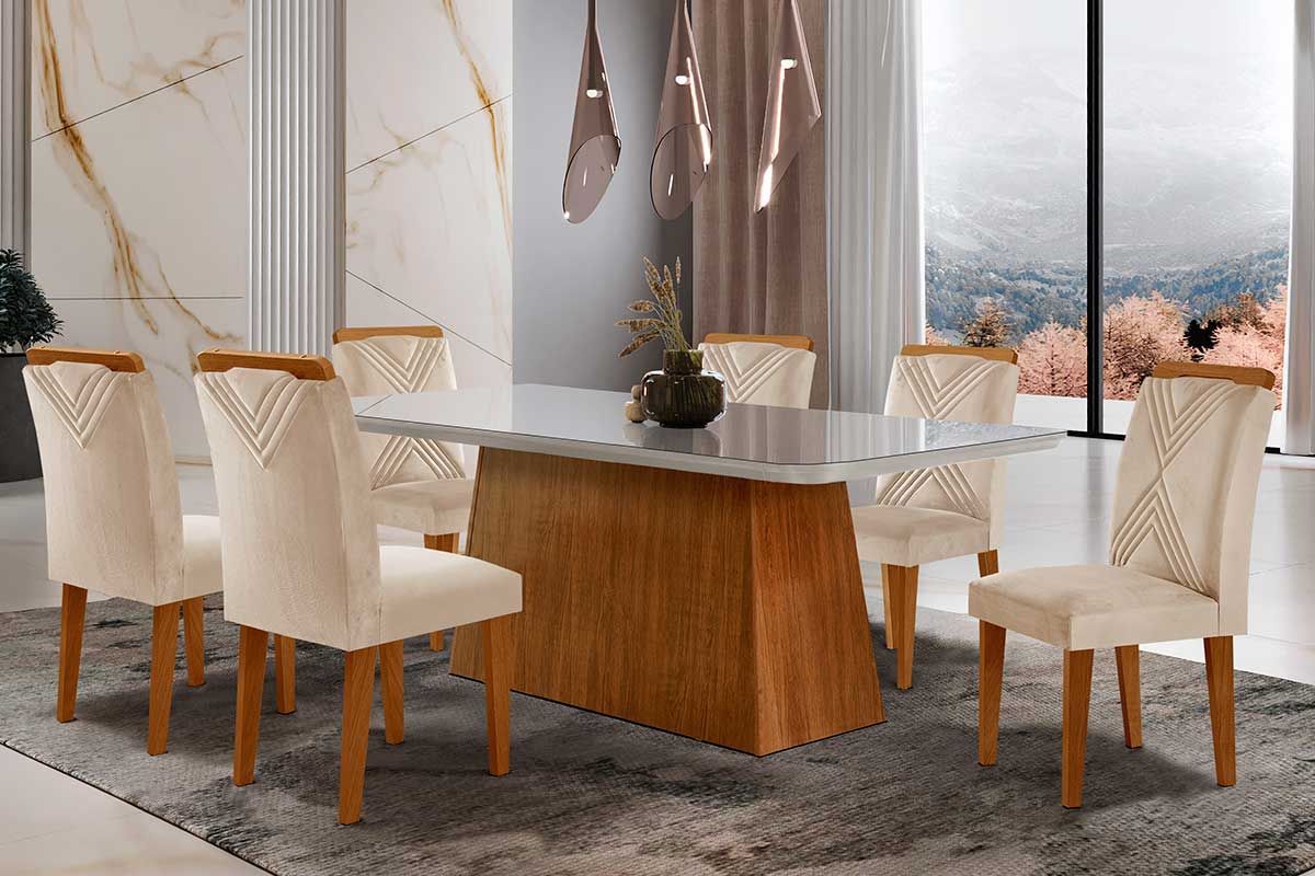 Sala de Jantar Completa Luna Tampo Madeirado c/ Vidro Canto Reto 180x90 e 6 Cadeiras Amsterdã - Rufato