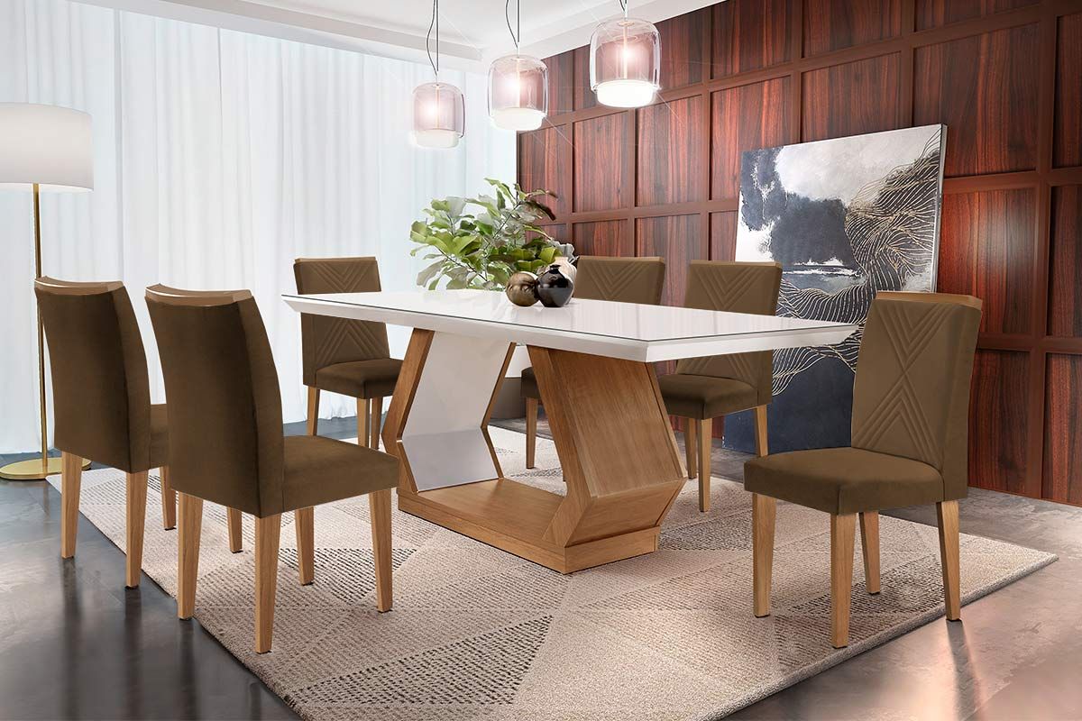 Sala de Jantar Completa Alvorada Tampo Madeirado c/ Vidro Canto Reto 180x90cm e 6 Cadeiras Amsterdã - Rufato