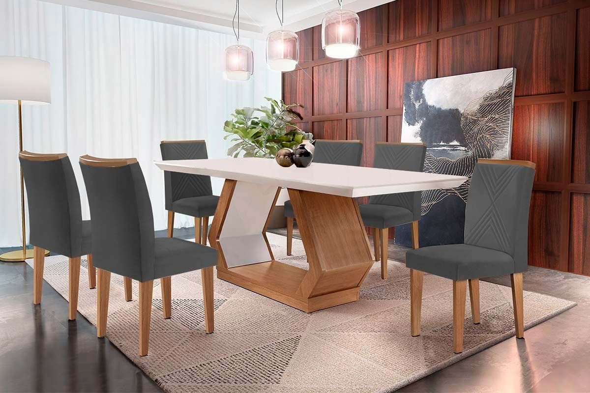 Sala de Jantar Completa Alvorada c/ Tampo Madeirado Canto Reto 180x90cm e 6 Cadeiras Amsterdã - Rufato