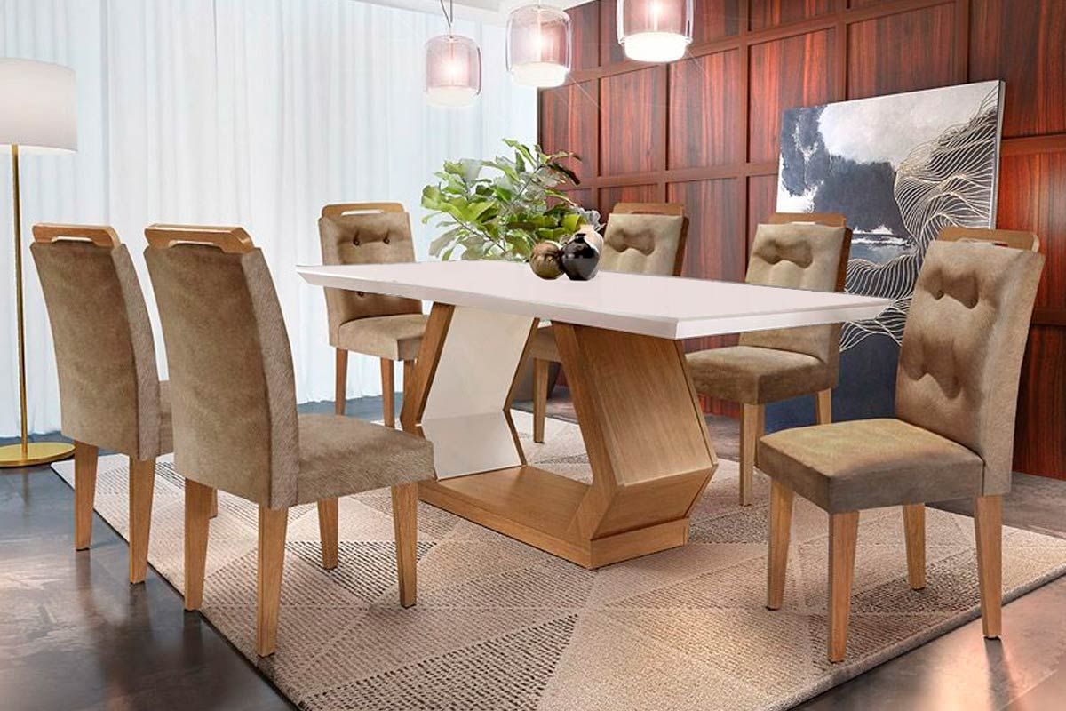 Sala de Jantar Completa Alvorada c/ Tampo Madeirado Canto Reto 180x90cm e 6 Cadeiras Imperatriz - Rufato