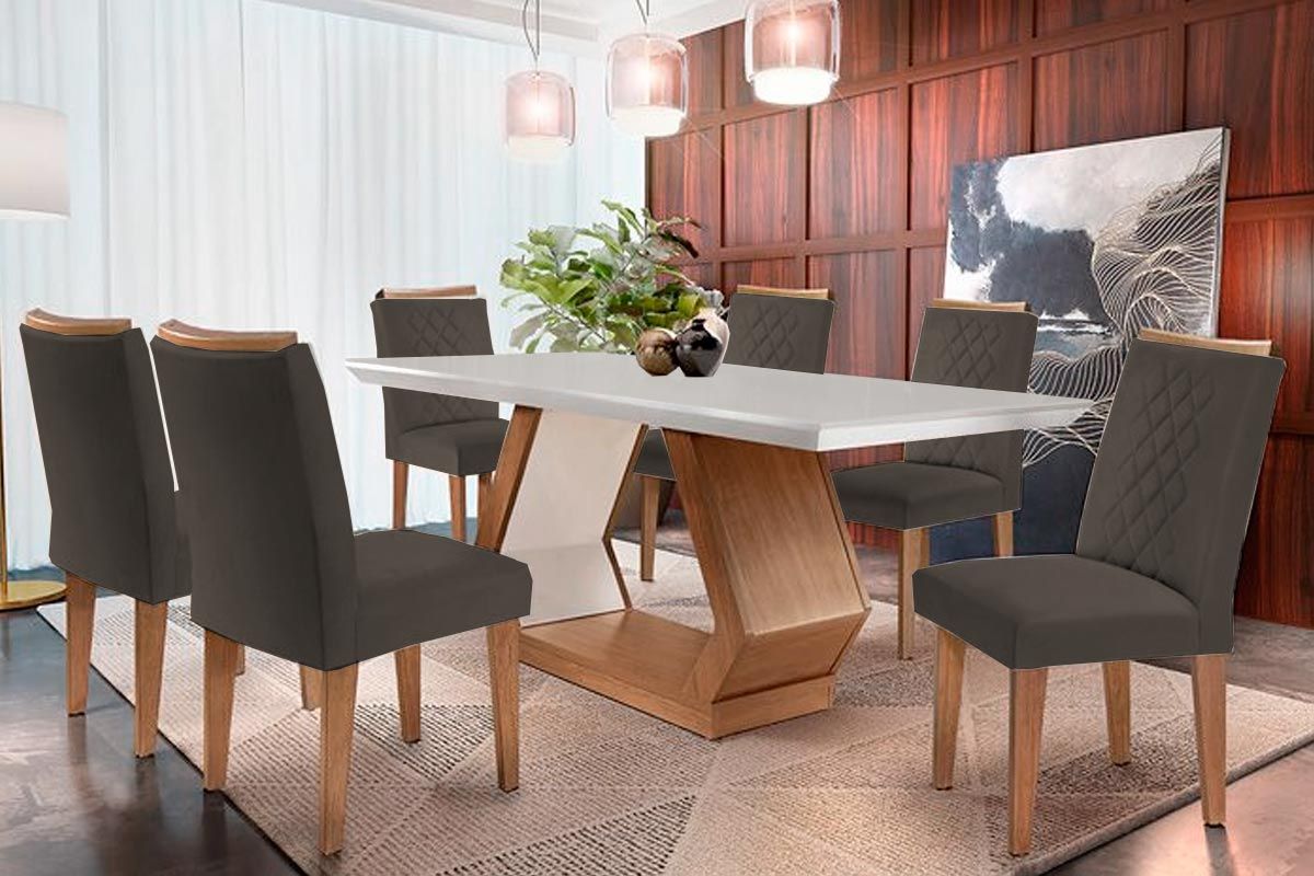 Sala de Jantar Completa Alvorada c/ Tampo Madeirado Canto Reto 180x90cm e 6 Cadeiras Jade - Rufato