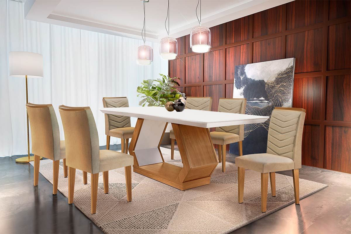 Sala Jantar Mesa Alvorada c/ Tampo Madeirado Canto Reto 180x90cm e 6 Cadeiras Londrina - Rufato
