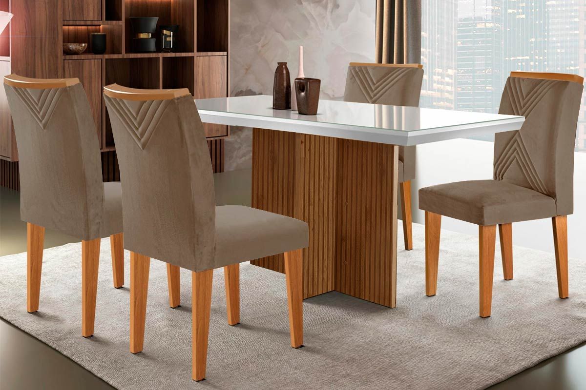 Sala de Jantar Completa Berlim c/ Tampo Madeirado c/ Vidro Canto Curvo 120x80cm e 4 Cadeiras Amsterdã - Rufato