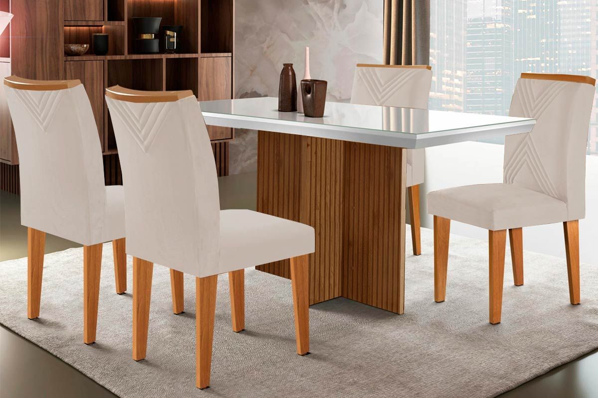 Sala de Jantar Completa Berlim c/ Tampo Madeirado c/ Vidro Canto Curvo 120x80cm e 4 Cadeiras Amsterdã - Rufato