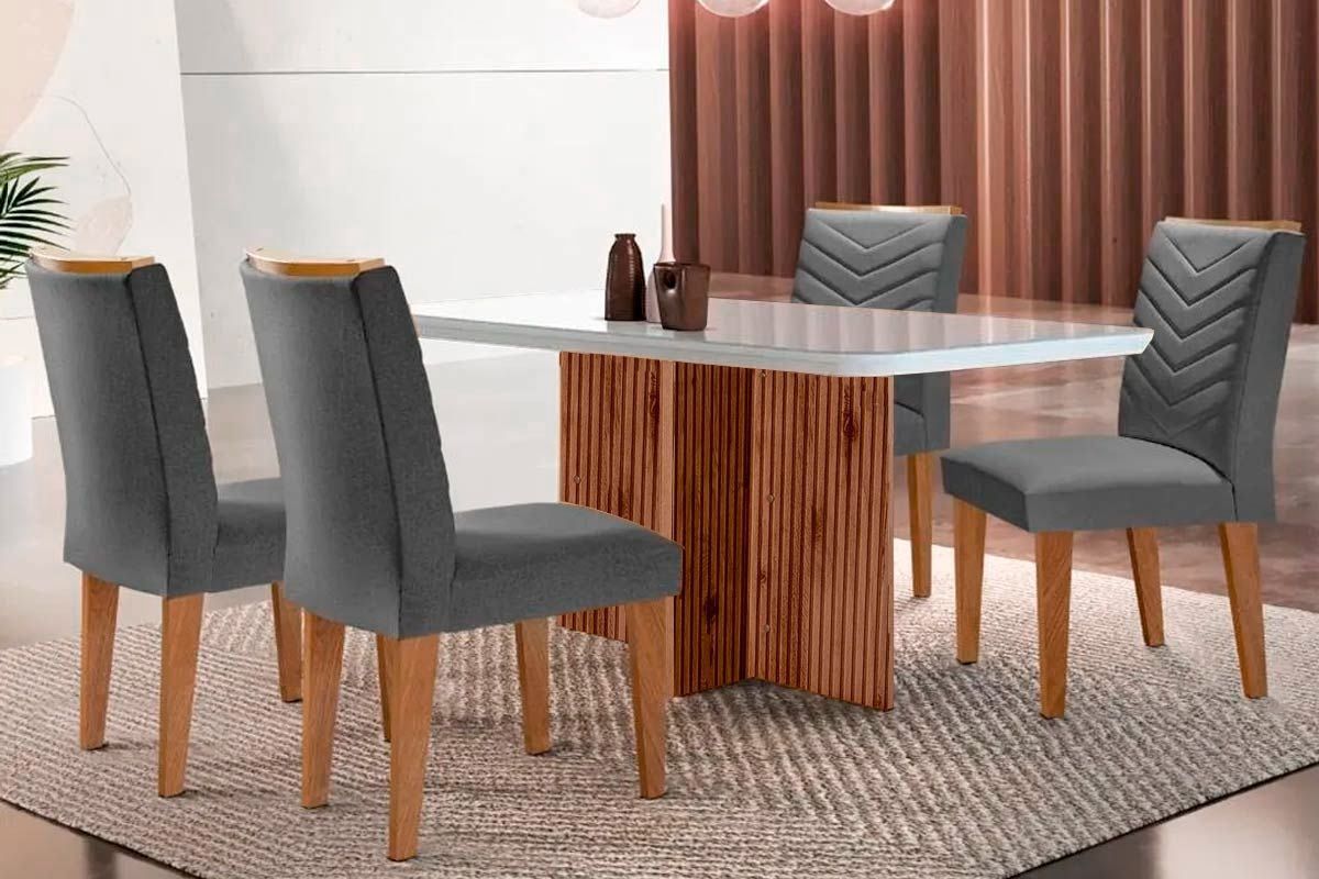 Sala Jantar Mesa Berlim c/ Tampo Madeirado c/ Vidro Canto Curvo 120x80cm e 4 Cadeiras Londrina - Rufato
