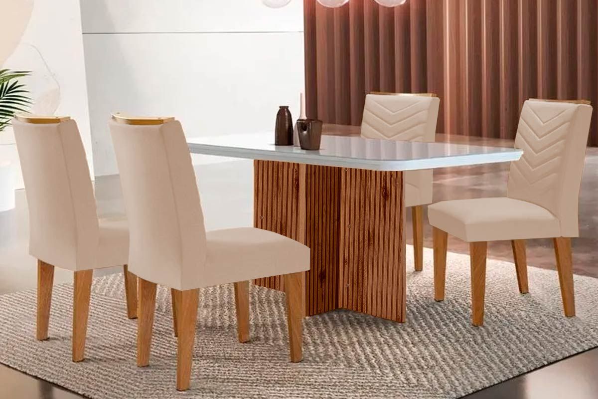 Sala Jantar Mesa Berlim c/ Tampo Madeirado Vidro Canto Curvo 120x80cm e 4 Cadeiras Londrina - Rufato