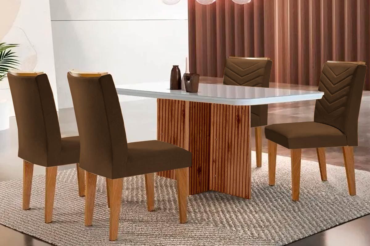 Sala Jantar Mesa Berlim c/ Tampo Madeirado c/ Vidro Canto Curvo 120x80cm e 4 Cadeiras Londrina - Rufato