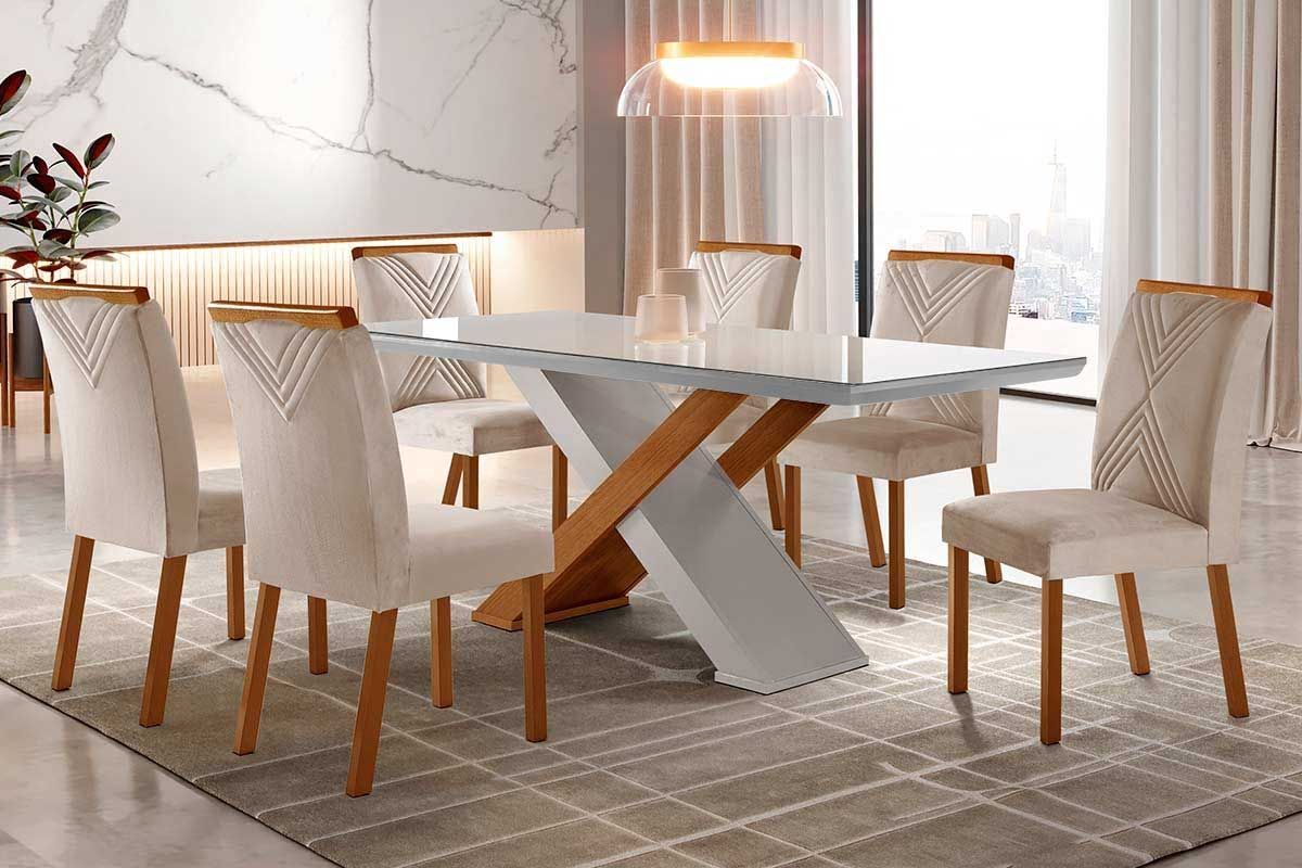 Sala de Jantar Completa Imperatriz Tampo Madeirado c/ Vidro Reto 180x90 e 6 Cadeiras Amsterdã - Rufato