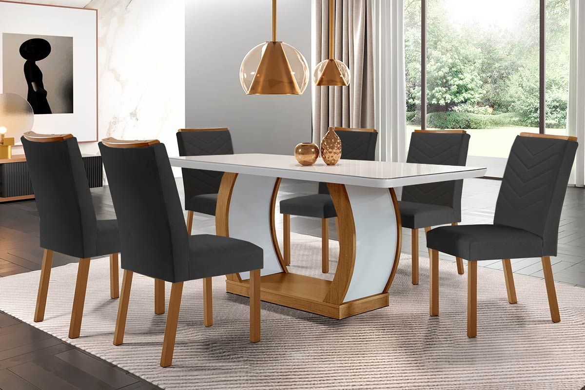 Sala Jantar Mesa Jade Tampo Madeirado c/ Vidro Canto Curvo 180x90 e 6 Cadeiras Londrina - Rufato
