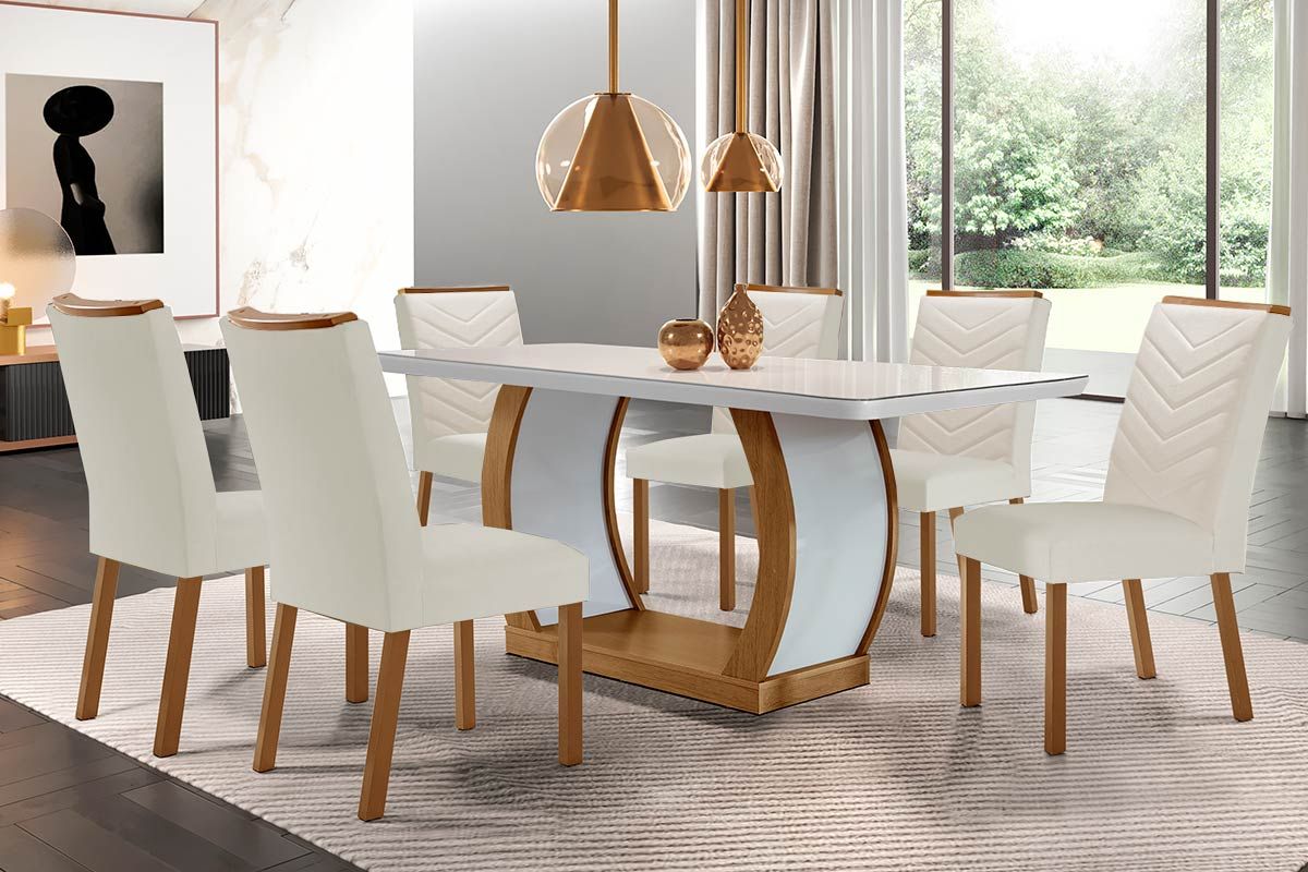 Sala Jantar Mesa Jade Tampo Madeirado c/ Vidro Canto Curvo 180x90 e 6 Cadeiras Londrina - Rufato