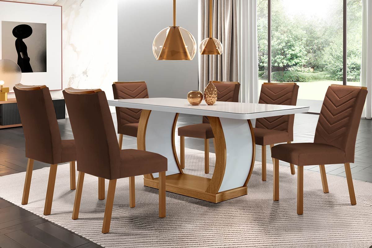 Sala Jantar Mesa Jade Tampo Madeirado c/ Vidro Canto Curvo 180x90 e 6 Cadeiras Londrina - Rufato