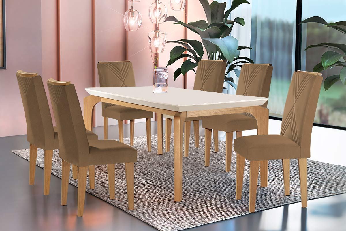 Sala Jantar Mesa Londrina c/ Tampo Madeirado Canto Reto 180x90cm e 6 cadeiras Amsterdã - Rufato