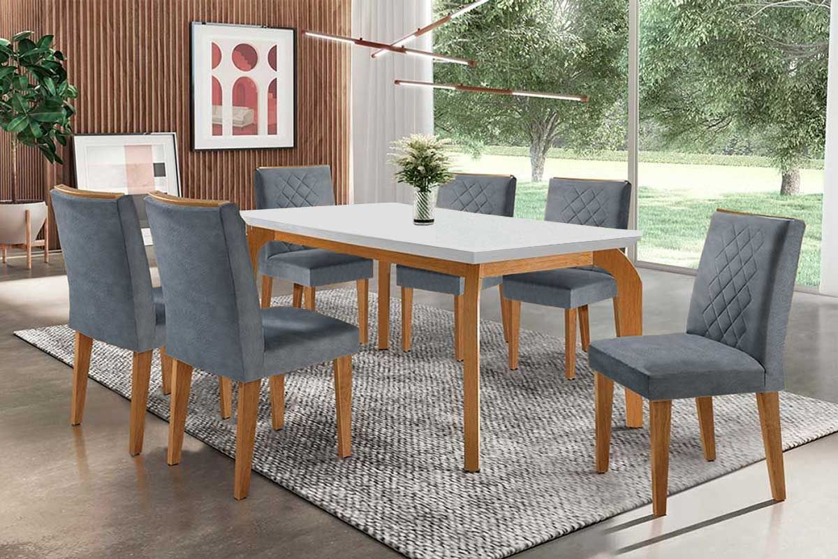 Sala Jantar Mesa Londrina c/ Tampo Madeirado Canto Reto 180x90cm e 6 cadeiras Jade - Rufato