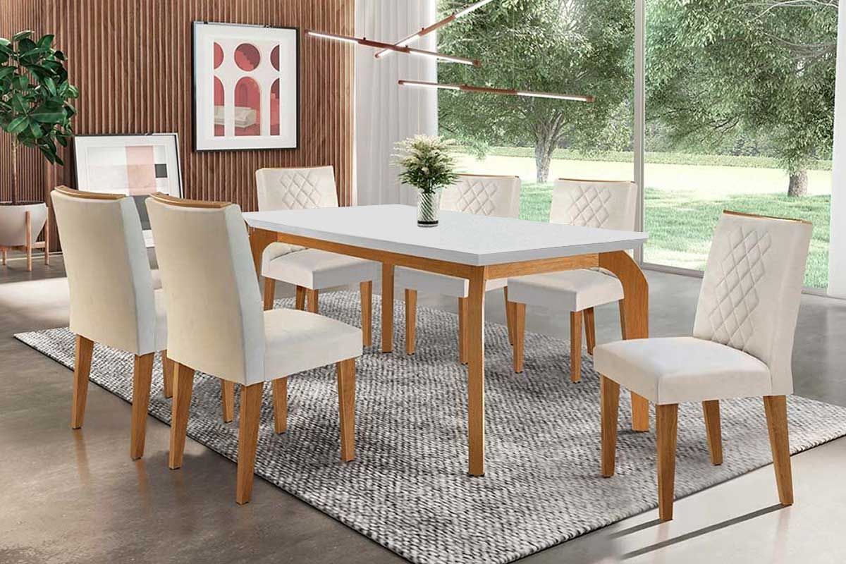 Sala Jantar Mesa Londrina c/ Tampo Madeirado Canto Reto 180x90cm e 6 cadeiras Jade - Rufato
